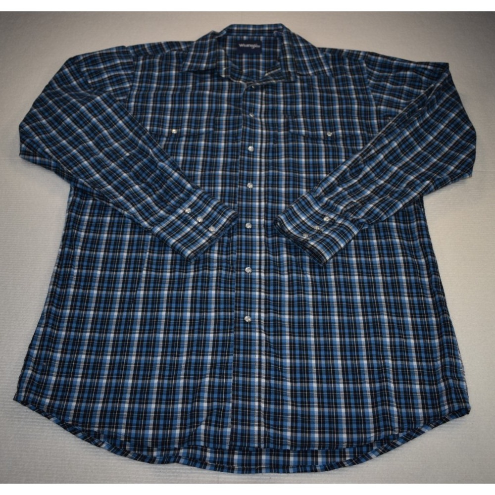 Wrangler Mens Long Sleeve Pearl Snap Button Western Plaid Shirt Blue Black LT